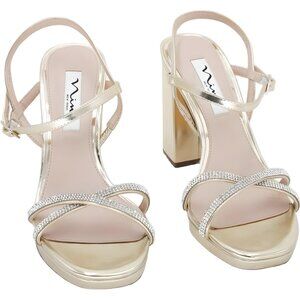 Nina Steven Rhinestone Platino Block Heel Strappy Dress Sandals Women's US 7M